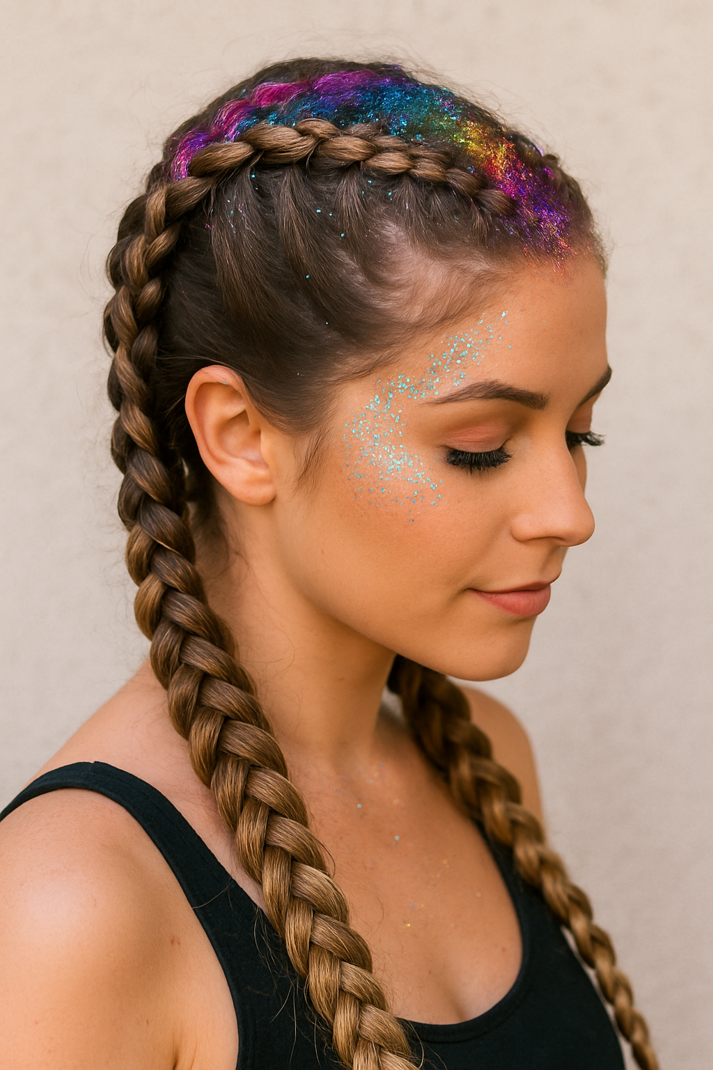 1. Double Dutch Braids mit Glitzer-Glam 🌈