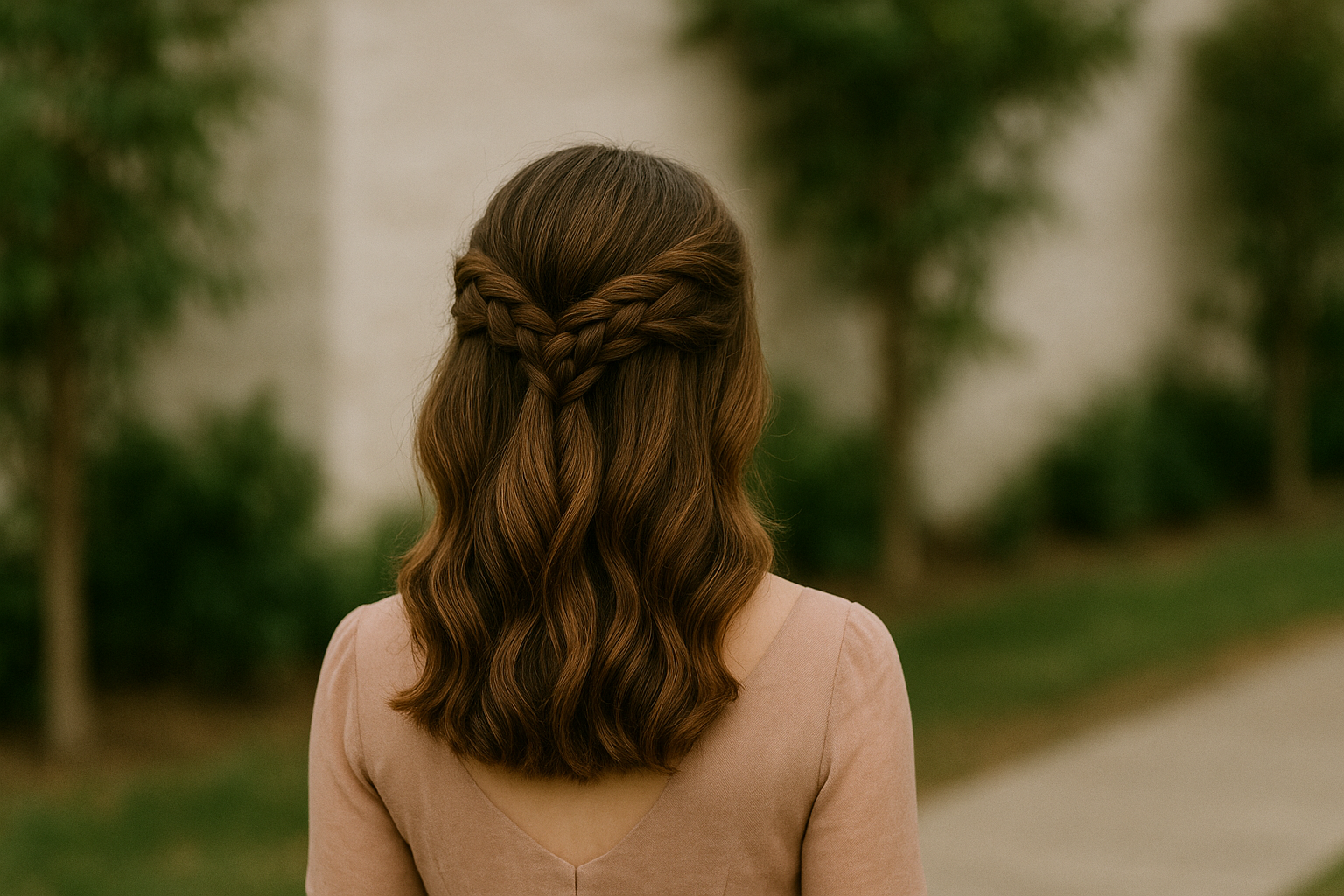 Halboffene Frisur Hochzeit Gast mit Flechtelementen die alle Blicke auf sich zieht