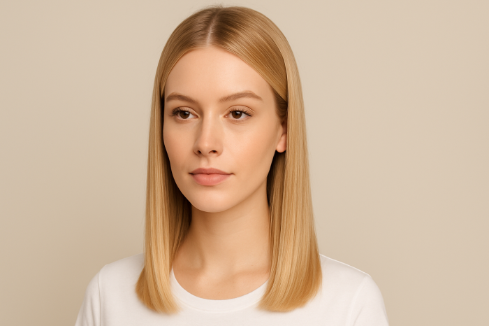 💇‍♀️ Blonde glatte Frisuren für schulterlange Haare mit Mittelscheitel