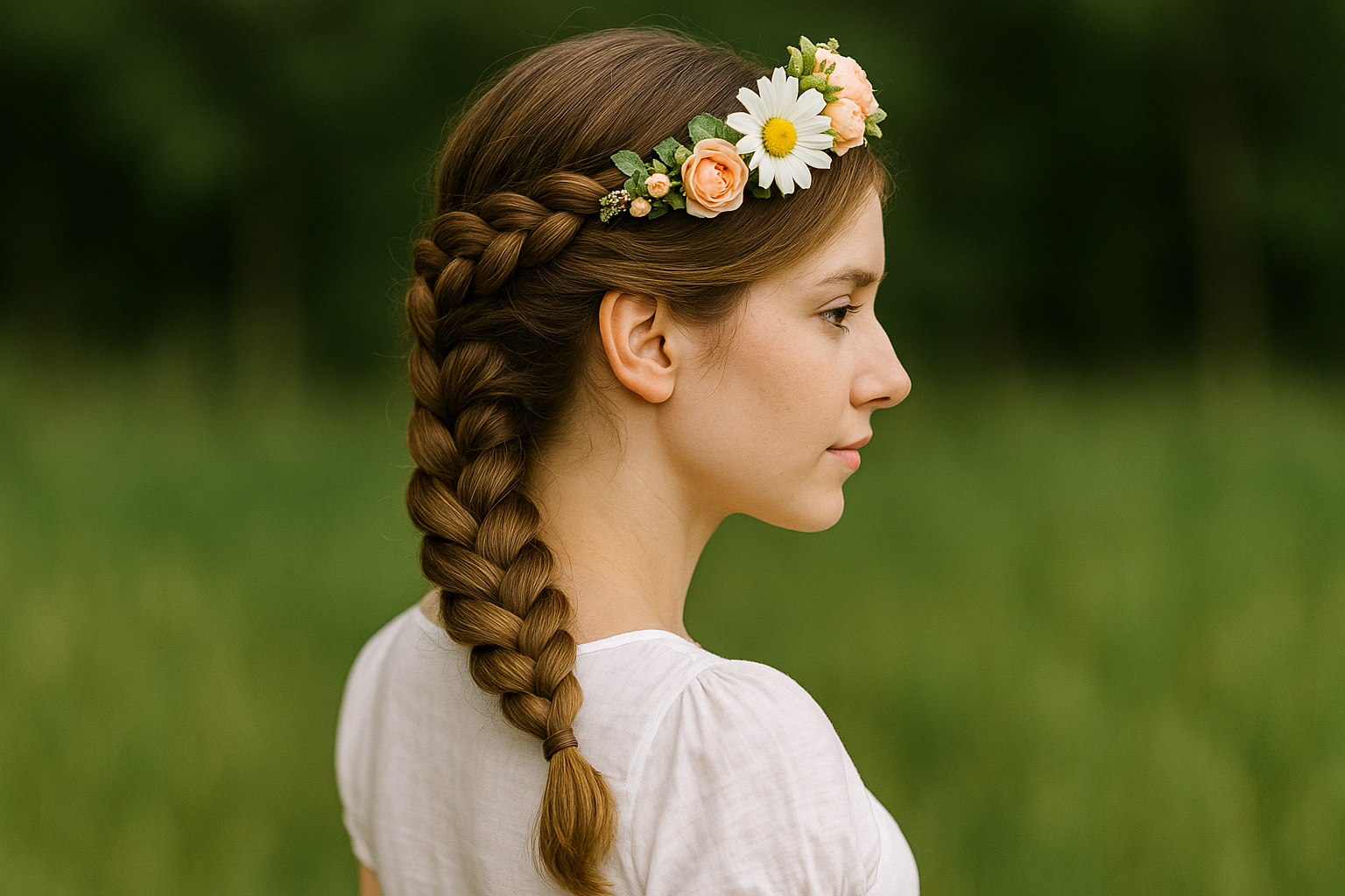1. Der klassische Bauernzopf mit Blumenkranz 🌼
