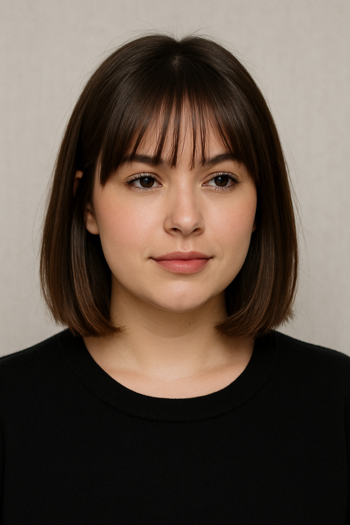 10. Mittellanger Haarschnitt für ein rundes Gesicht mit Pony – aber nur der richtige Pony