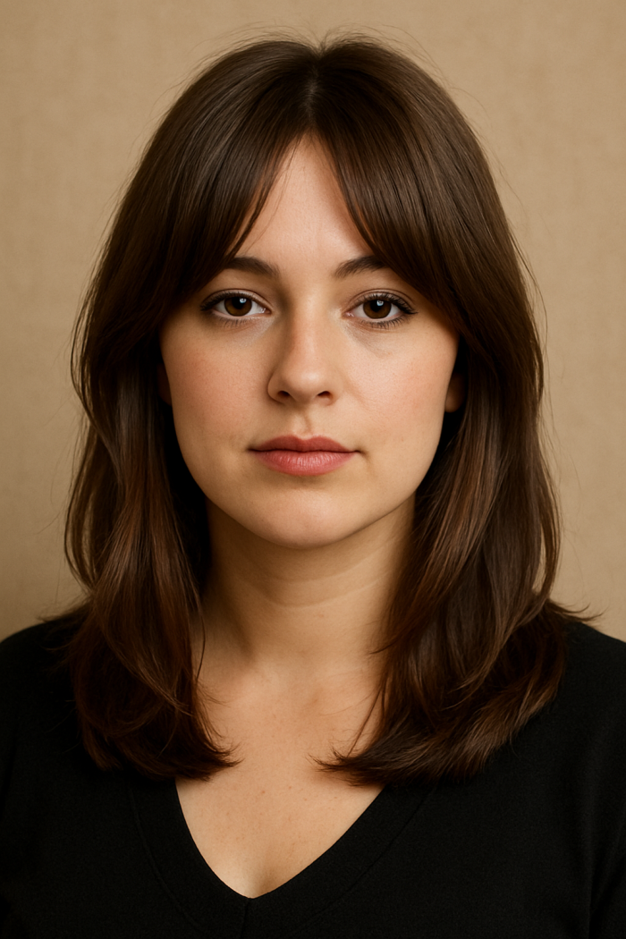 Mittellange Frisur mit Curtain Bangs (Vorhangpony)