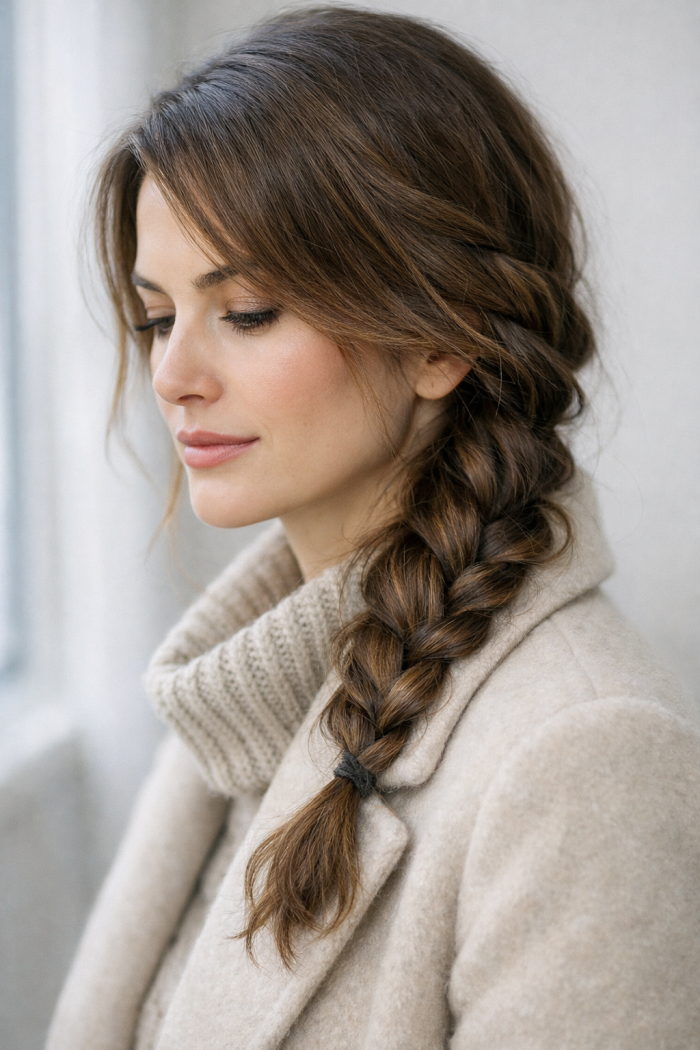 3 Winter Frisuren ohne Hitze Der geflochtene Seitenscheitel Look