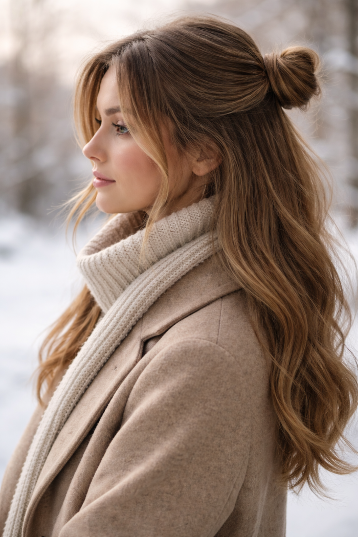 5 Winter Frisuren ohne Hitze Der lockere Half Bun