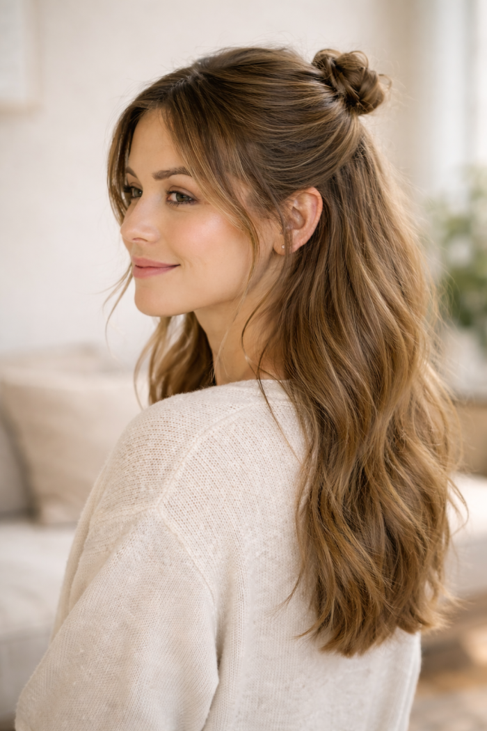 Platz 2 mühelose Half-up-Frisur mit Mini-Dutt 