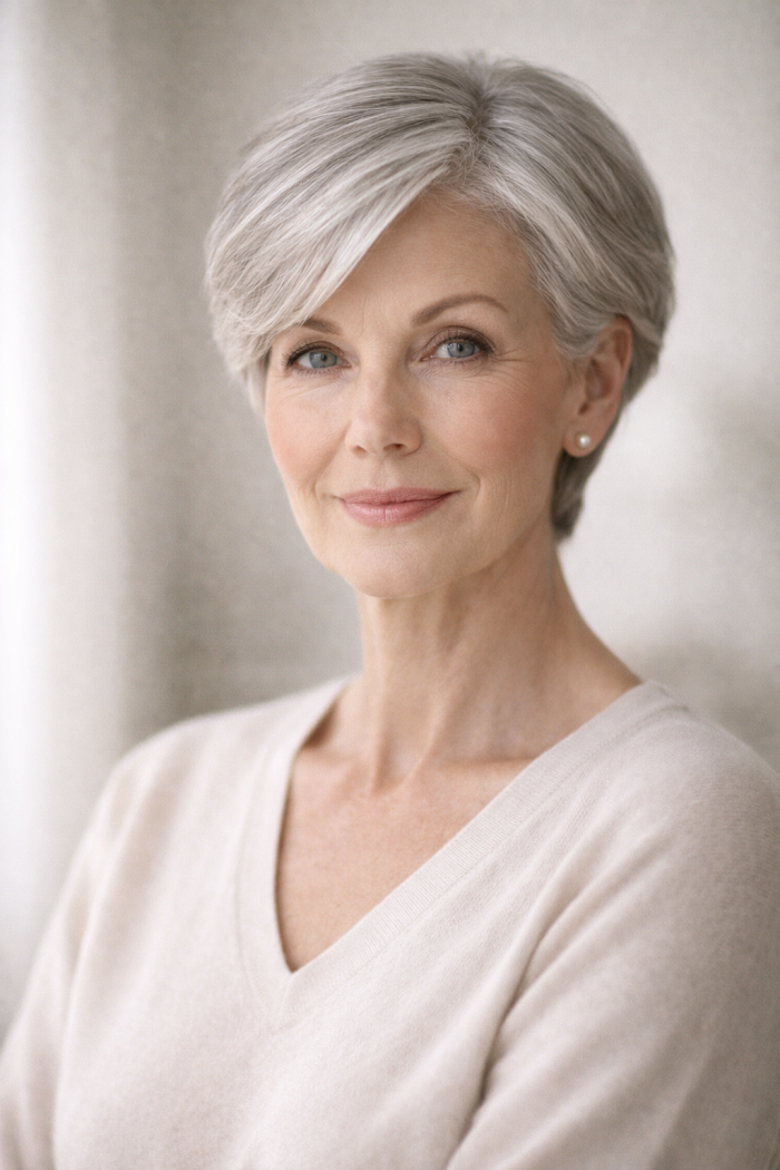 Platz 3 Klassischer Kurzhaarschnitt für kurze graue frisuren ab 60 mit zeitloser Eleganz