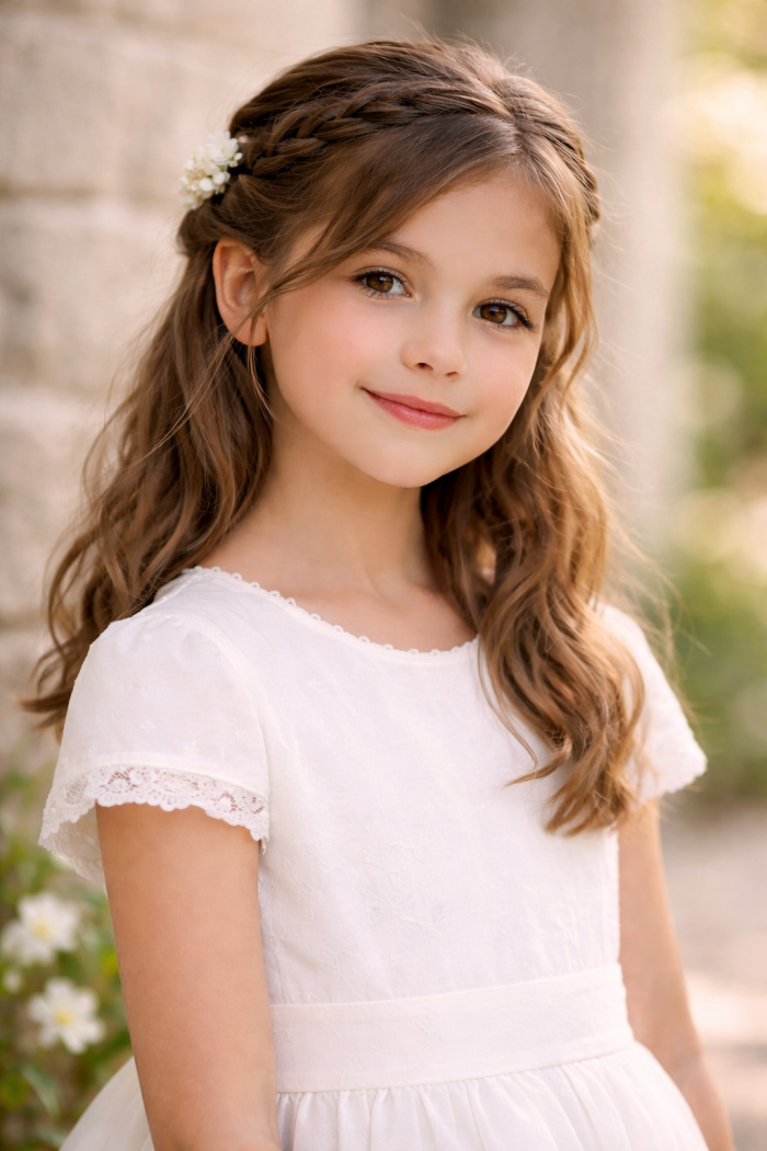 Platz 3 Kommunion Frisuren mit Flechtelementen natürlich und verspielt