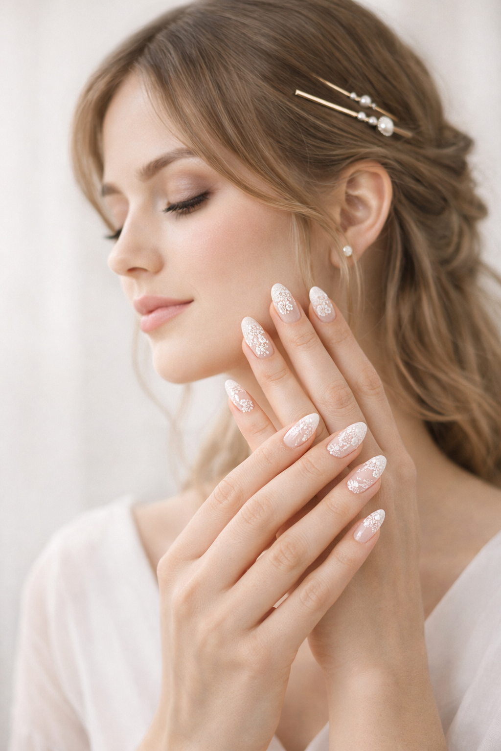 Platz 3 – Zarte Spitzen-Nägel kombiniert mit minimalistischen Haaraccessoires