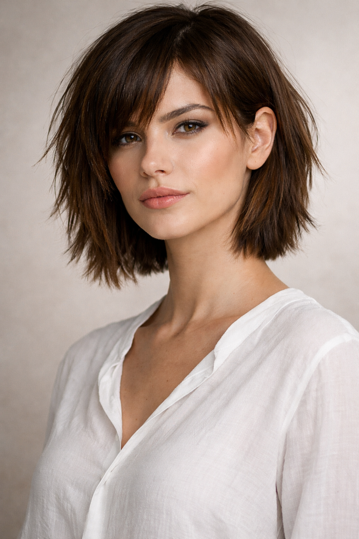 Platz 1 Abgehackte Frisuren als fransiger Bob mit klaren Kanten