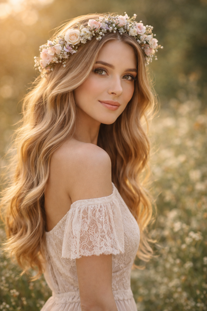 Platz 1 Blumenkranz Haare Mit Offenem Wellenlook Für Pure Romantik