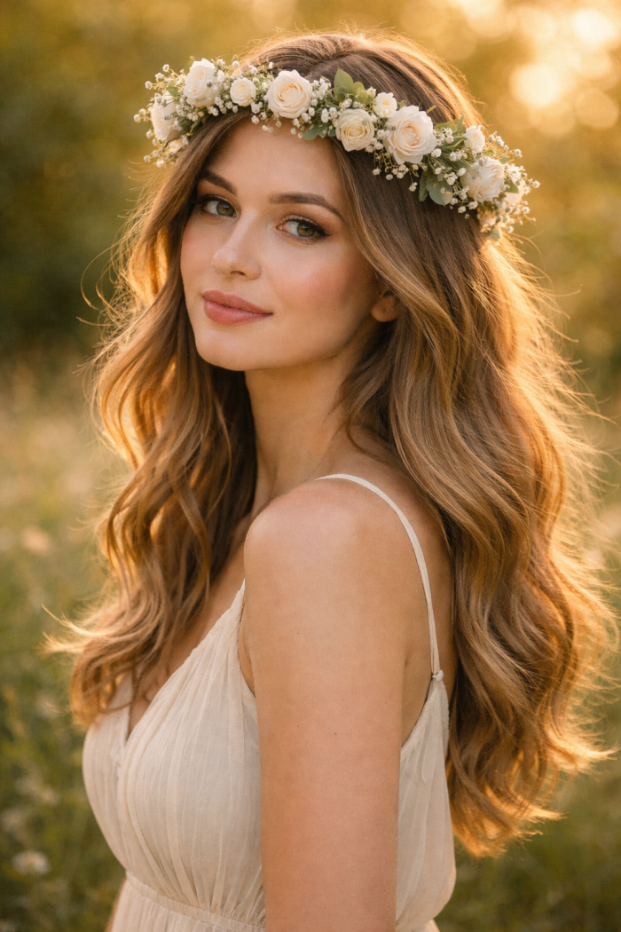 Platz 1 Blumenkranz Haare mit lockeren Wellen für einen natürlichen Boho Look