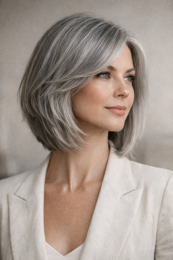 Platz 1 Bob Frisur Graue Haare als Moderner Long Bob mit sanften Stufen