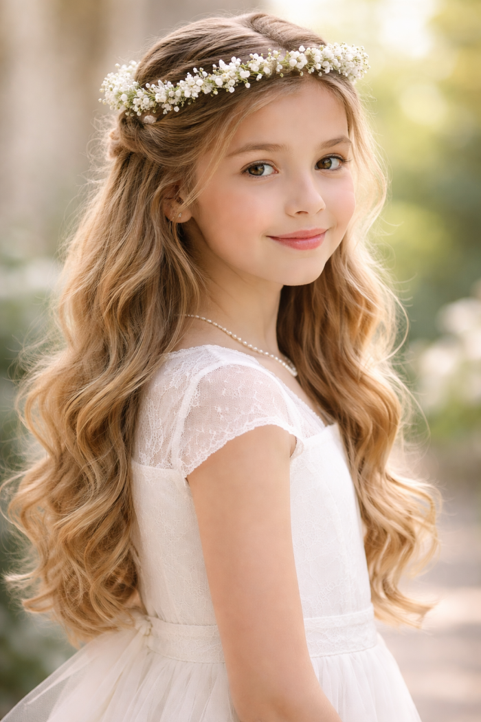 Platz 1 Erstkommunion Frisur mit Kranz und offenen Wellen