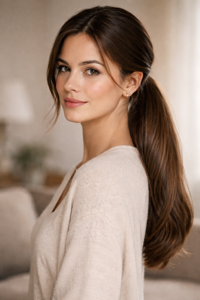 Platz 1 Frisuren lange Haare Alltag als moderner Low Sleek Ponytail