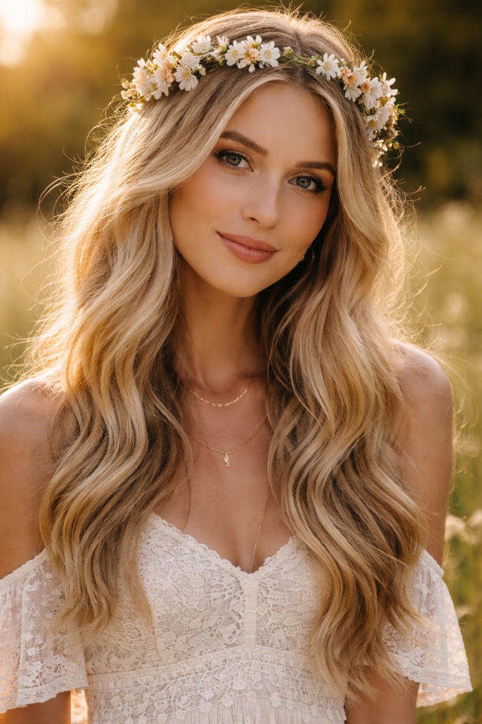 Platz 1 Hippie Frisur mit Offenen Wellen und Blumenkranz