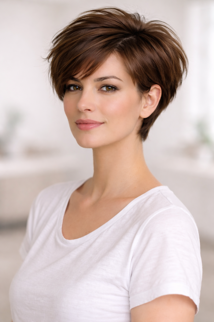 Platz 1 Kurzhaarschnitt für feines Haar Der gestufte Kurzschnitt mit Volumenkrone