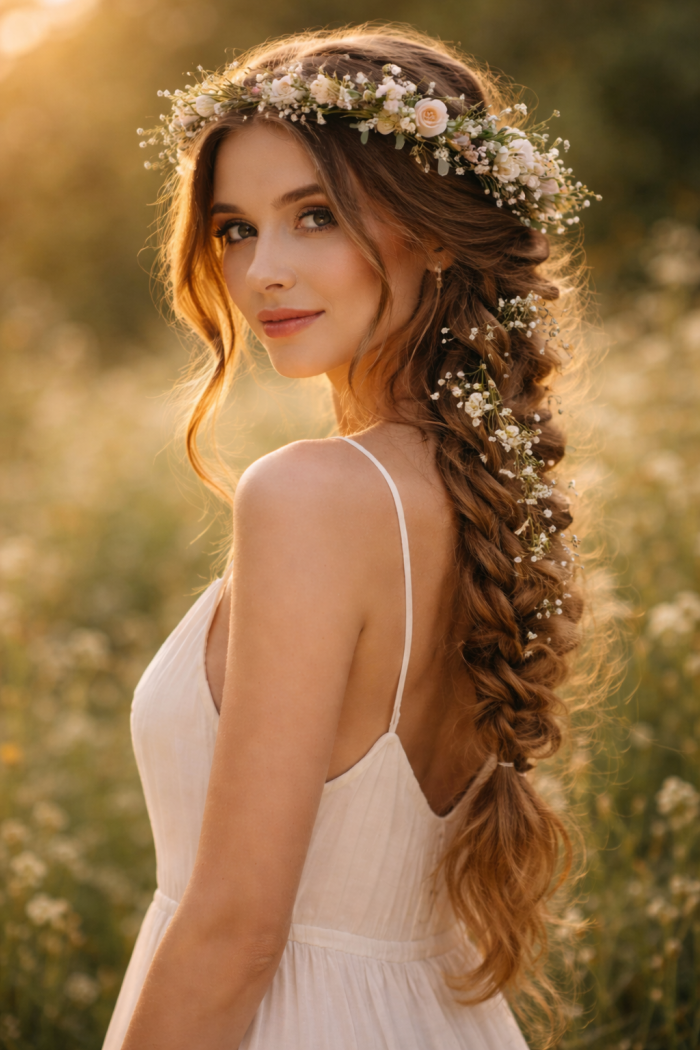 Platz 2 Blumenkranz Haare Mit Lockerer Flechtfrisur Für Boho Vibes