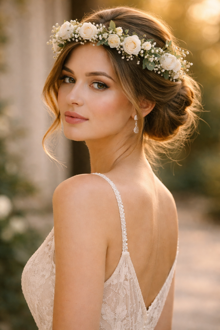 Platz 2 Blumenkranz Haare mit eleganter Hochsteckfrisur für glamouröse Momente