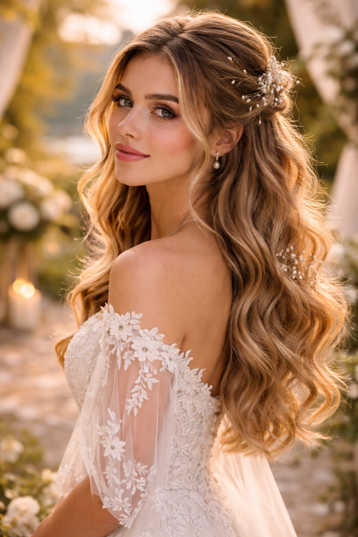 Platz 2 Brautfrisuren halboffen im Boho Stil mit Flechtelementen