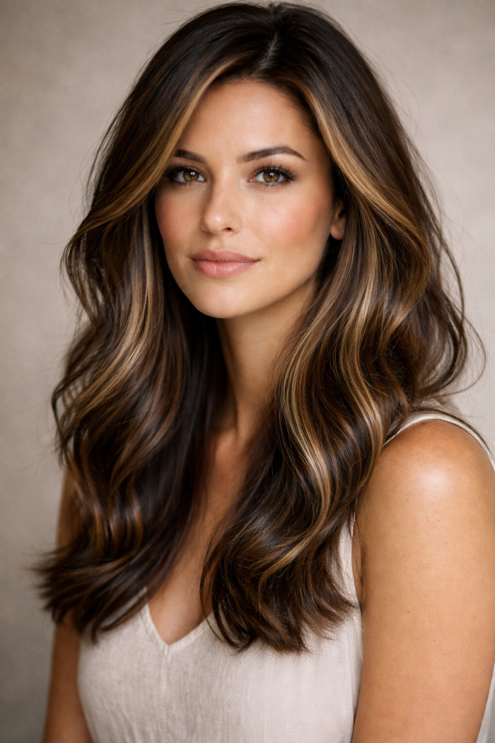 Platz 2 Brünette Haare mit Strähnen modern und kontrastreich