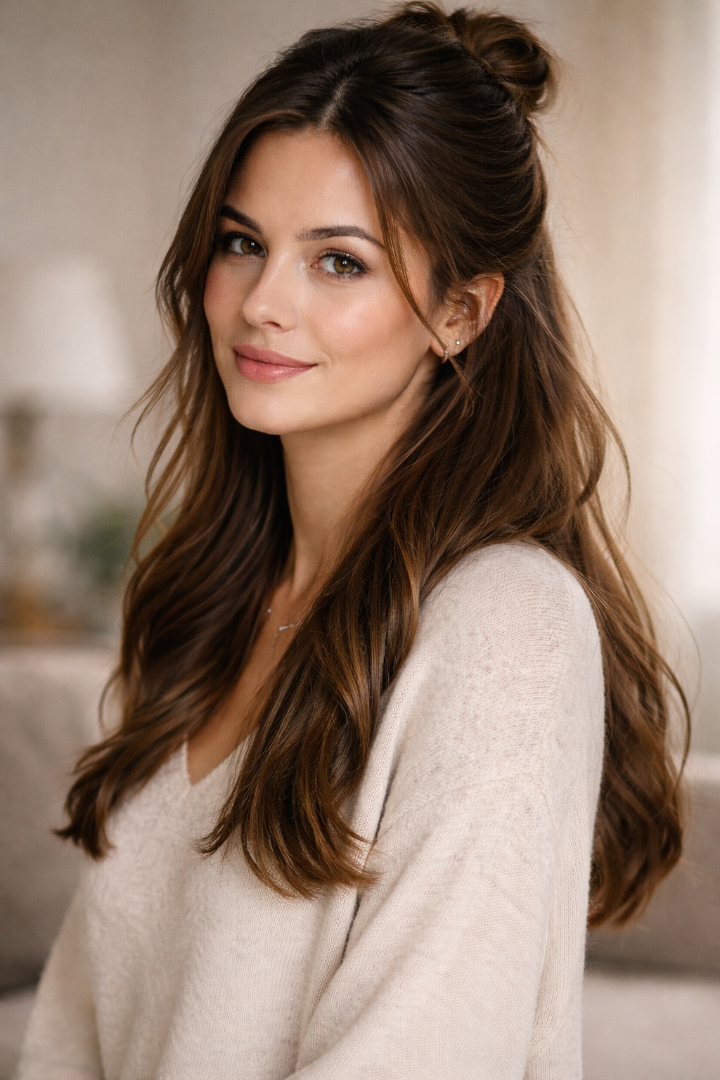 Platz 2 Frisuren lange Haare Alltag als lässiger Half Bun mit Struktur