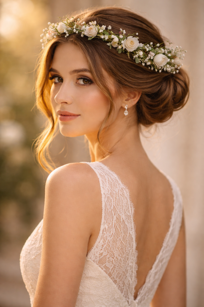 Platz 3 Blumenkranz Haare Mit Eleganter Hochsteckfrisur Für Glamouröse Momente