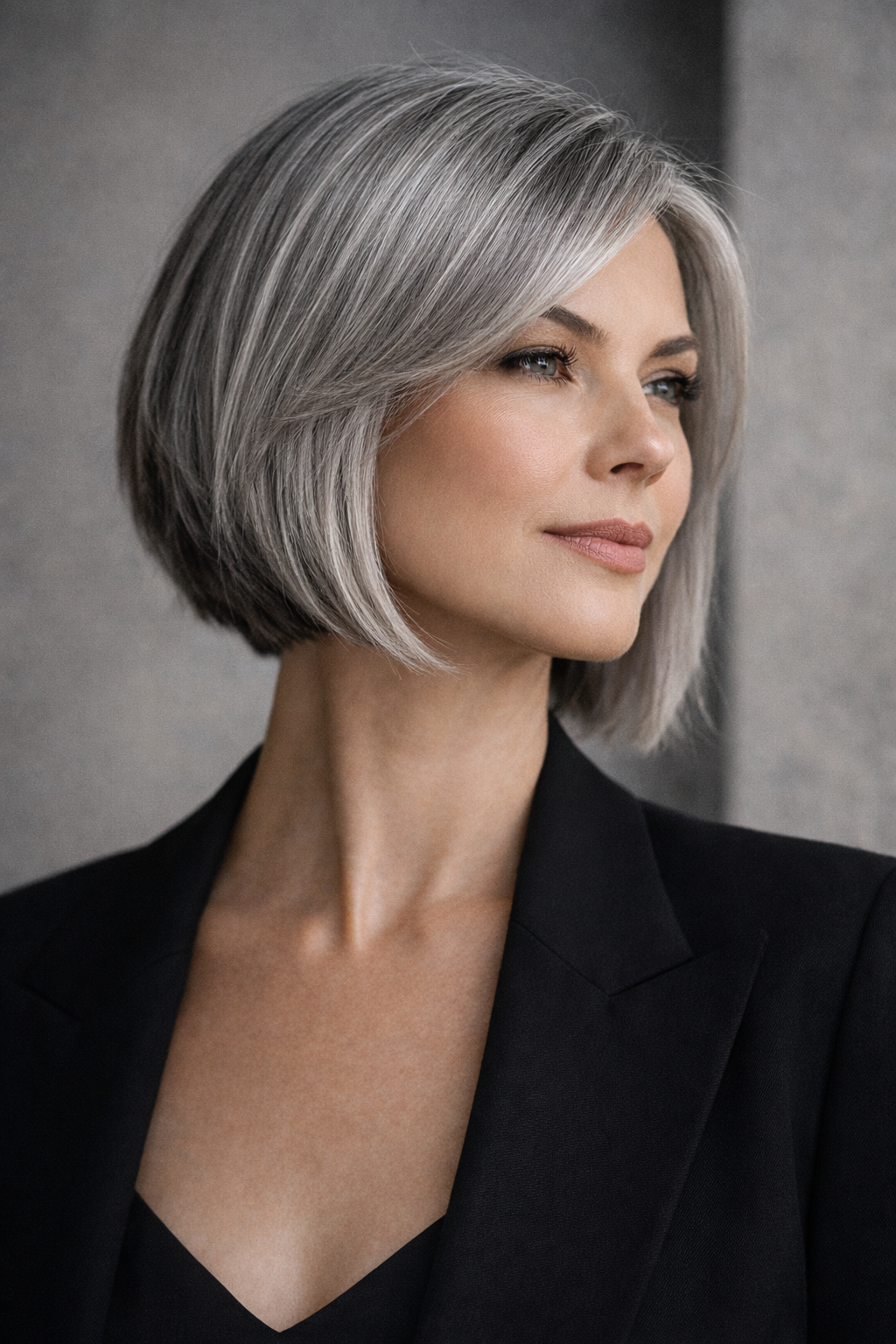 Platz 3 Bob Frisur Graue Haare als Asymmetrischer Precision Bob mit klarer Linie