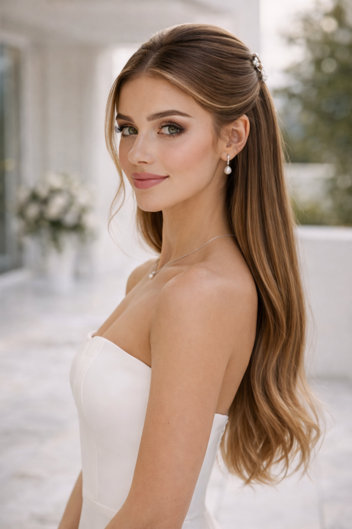 Platz 3 Brautfrisuren halboffen mit Sleek Oberkopf und glatten Längen für modernen Chic