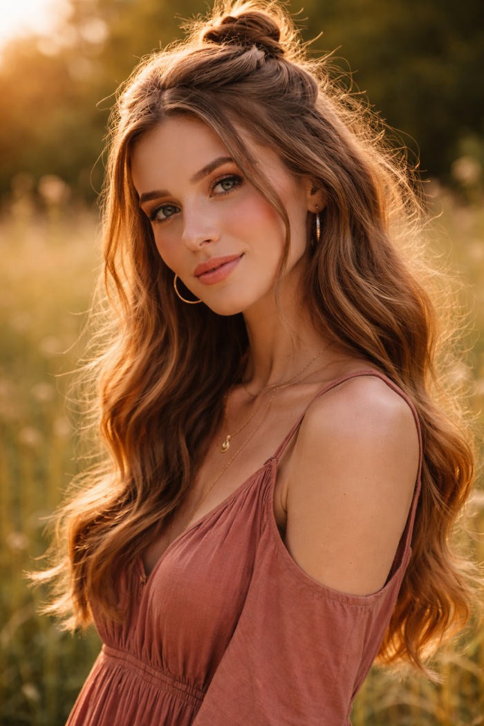 Platz 3 Hippie Frisur als Lockerer Half Bun im Boho Stil