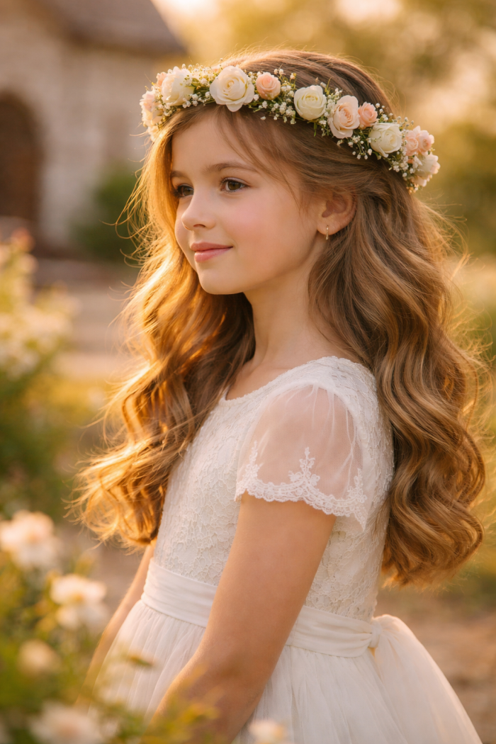 Platz 1 erstkommunion frisur mit blumenkranz Offene Wellen mit zartem Kranz