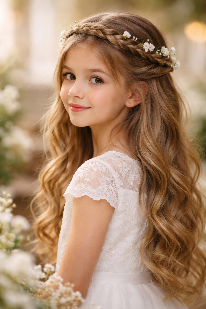 Platz 1 frisur kommunion lange haare Der romantische Flechtkranz mit Blumen