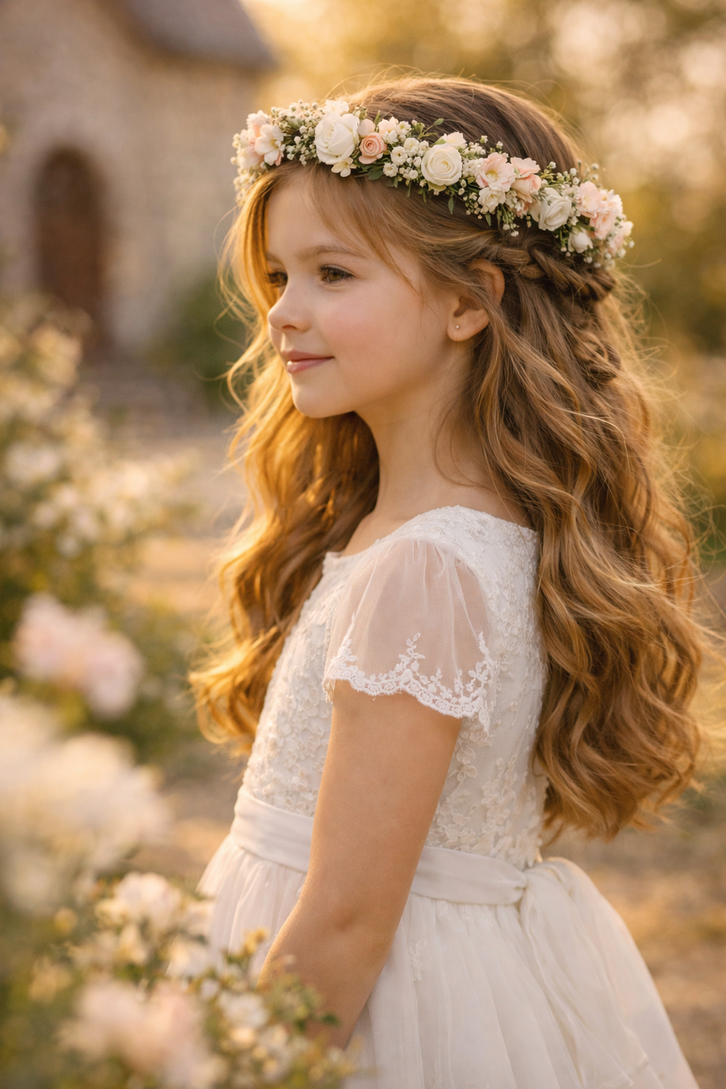 Platz 2 erstkommunion frisur mit blumenkranz Halboffen mit Flechtelementen