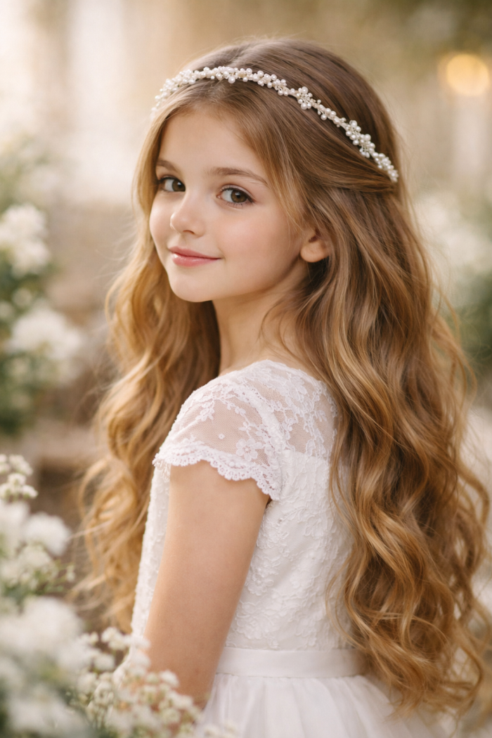 Platz 2 frisur kommunion lange haare Sanfte offene Wellen mit Haarband