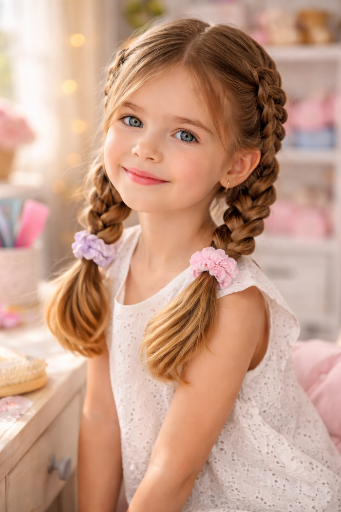 Platz 3 Mädchen Frisur mit klassischen Zöpfen für Alltag und Schule