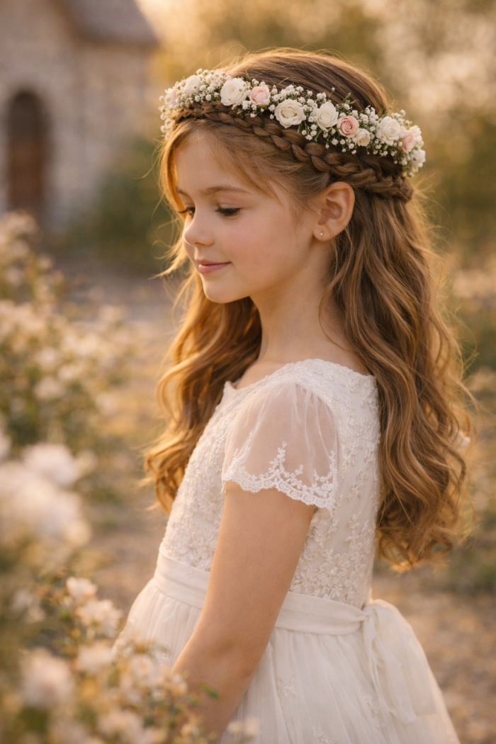 Platz 3 erstkommunion frisur mit blumenkranz Eleganter Flechtkranz Look