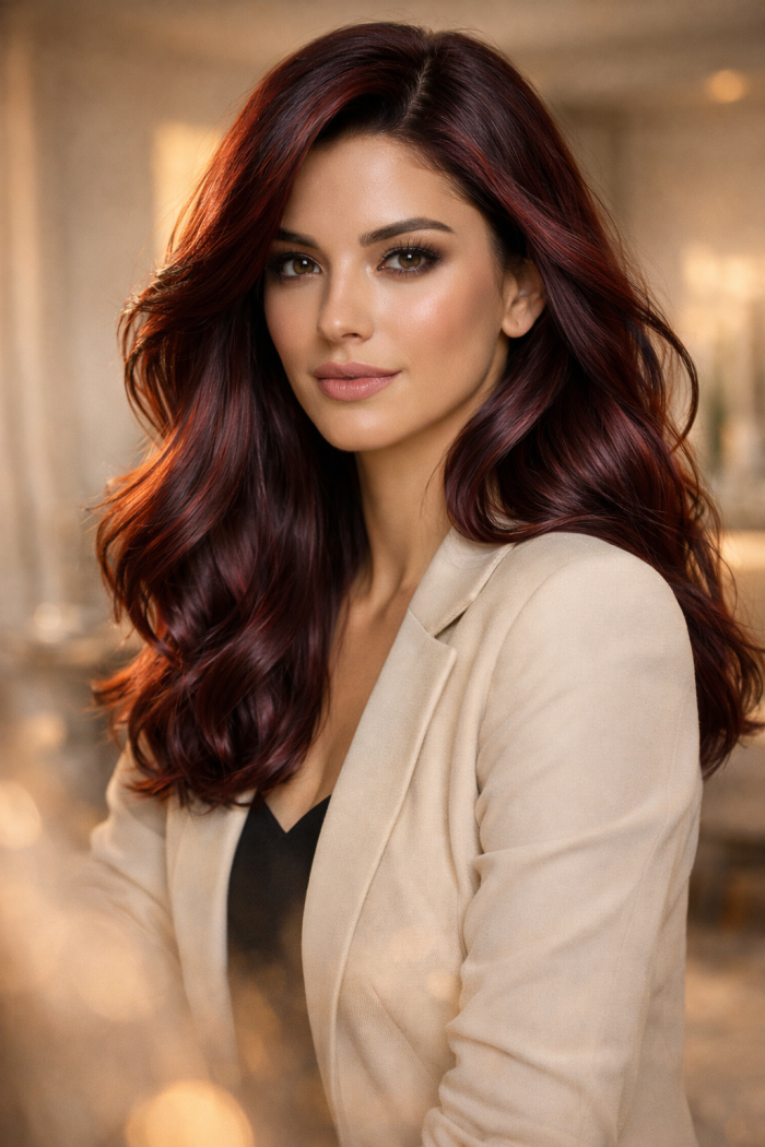 Platz 1 Burgunder Haar mit sanften Wellen für einen luxuriösen Look 