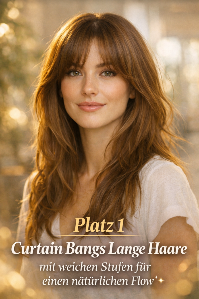 Platz 1 Curtain Bangs Lange Haare mit weichen Stufen für einen natürlichen Flow