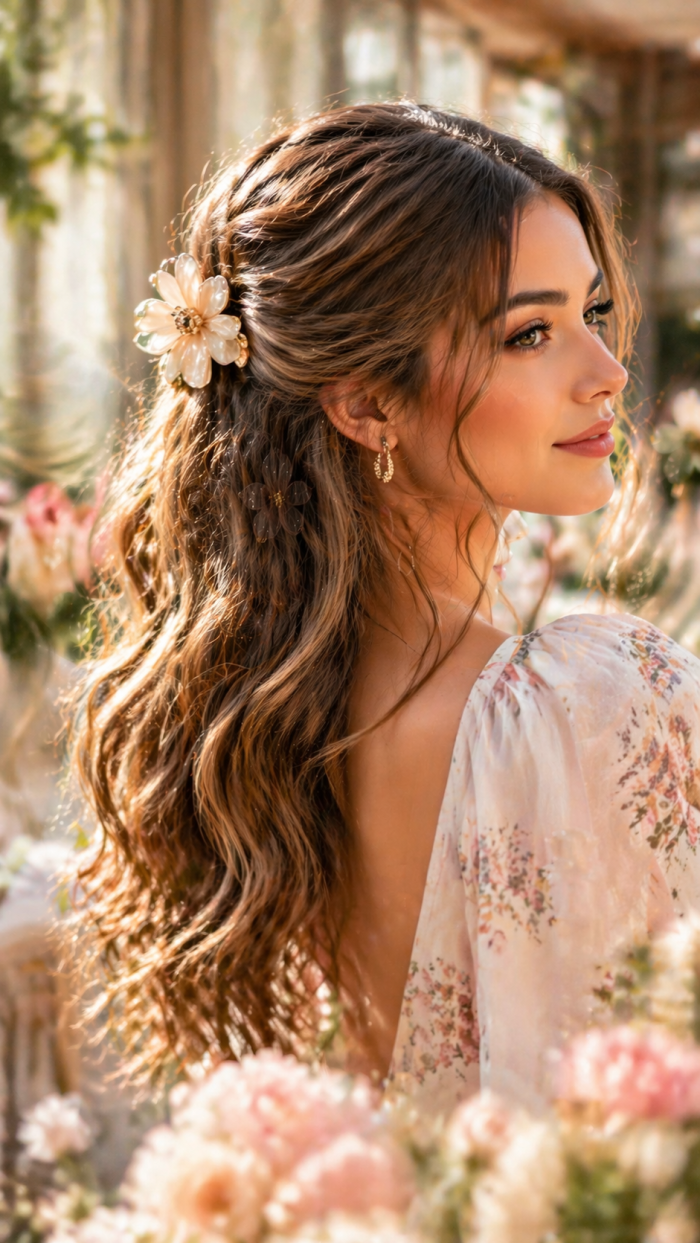 Platz 1 Der lockere Half Up Look mit Blumen Klammer