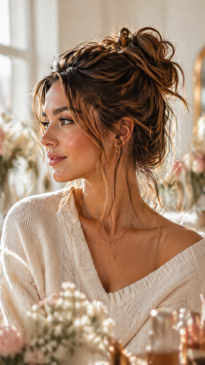 Platz 1 Der lockere Messy Bun für mittellange Haare