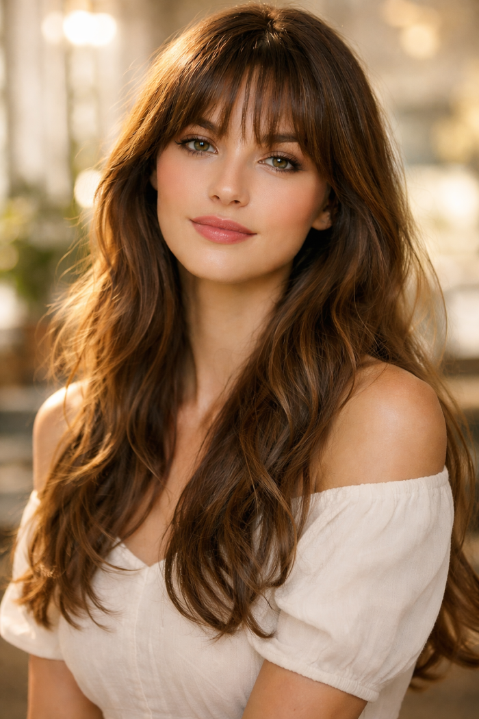 Platz 1 Whispy Bangs mit langen Haaren für einen soften Glam Look