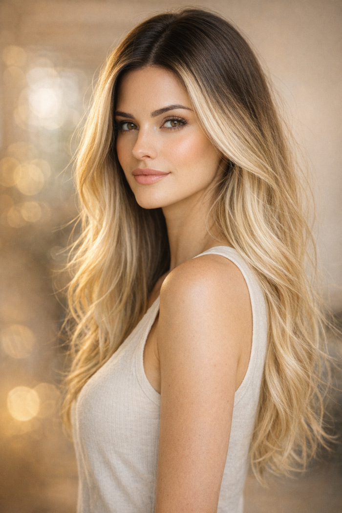 Platz 1 dunkler ansatz blonde haare mit softem Balayage Effekt