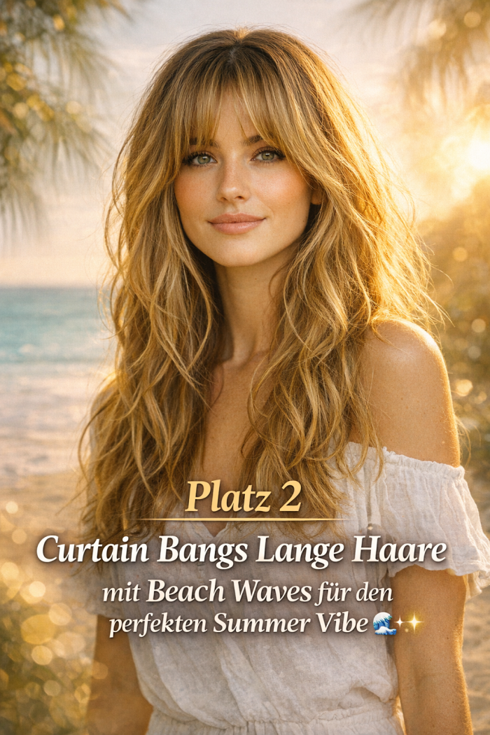 Platz 2 Curtain Bangs Lange Haare mit Beach Waves für den perfekten Summer Vibe