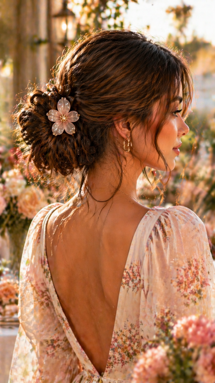 Platz 2 Der tiefe messy Dutt mit Blumen Klammer