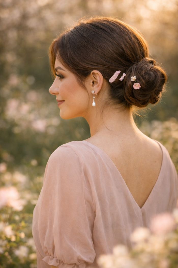 Platz 3 Oster Frisuren Idee Der niedrige Dutt mit Frühlings-Accessoires