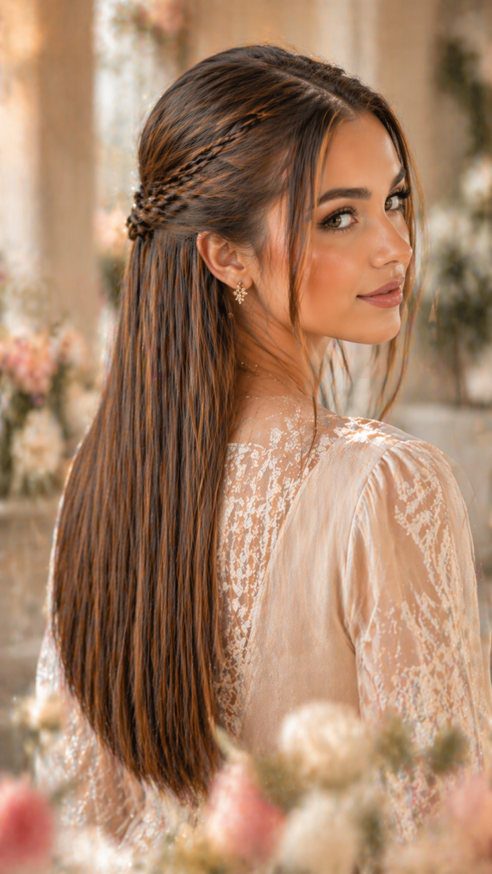 Platz 3 Romantische halboffene frisur glatte haare mit Mini Flechtzöpfen