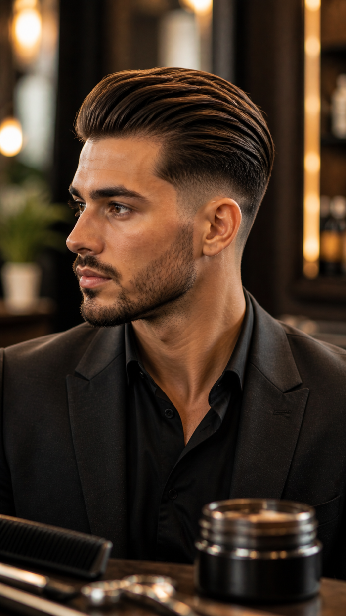 Low Taper Fade mit Slick Back für eleganten Auftritt