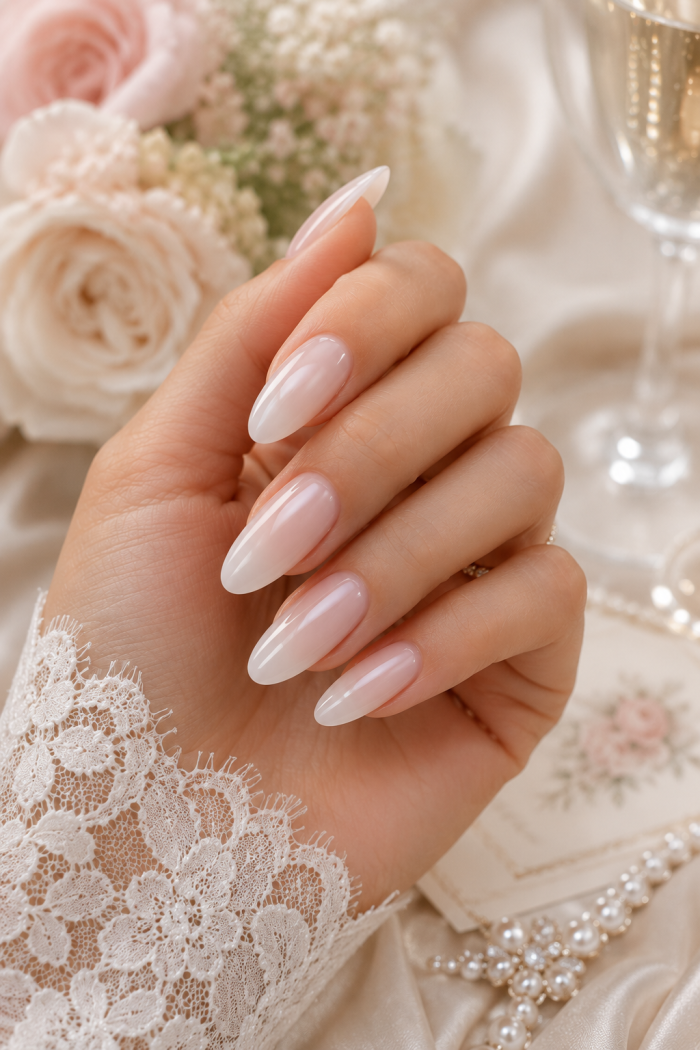 Platz 1 Romantische Milky Nude Wedding Guest Nails 🤍