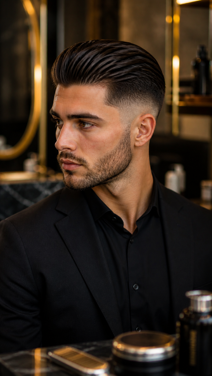 Platz 2 Mid Fade Frisur mit Slick Back für einen eleganten Auftritt