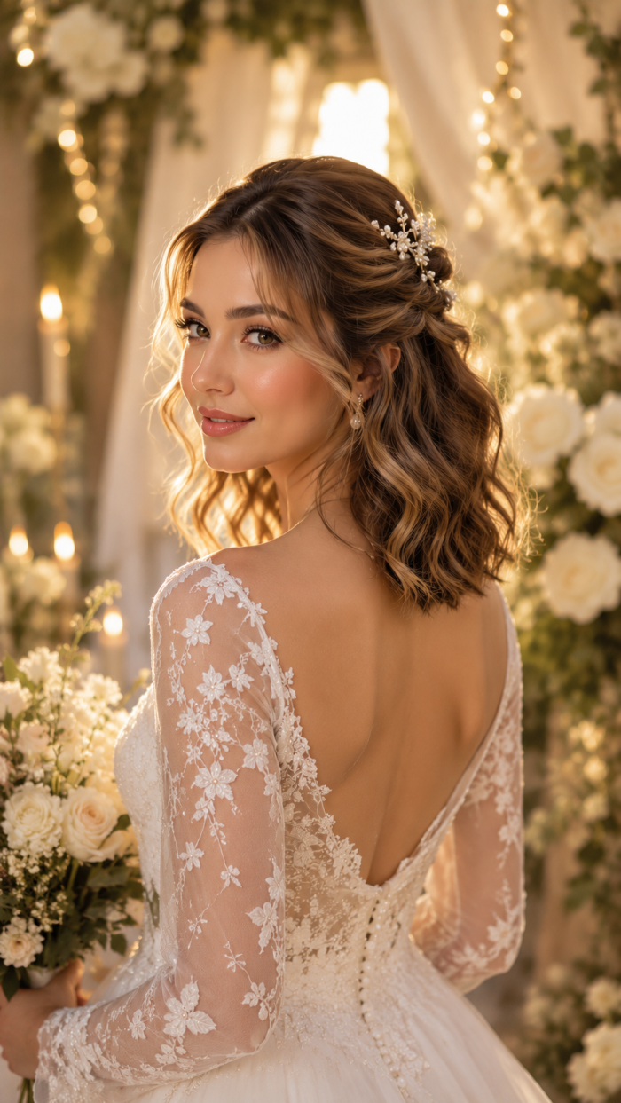 Platz 2 Romantischer Half Up Look für schulterlange haare hochzeit