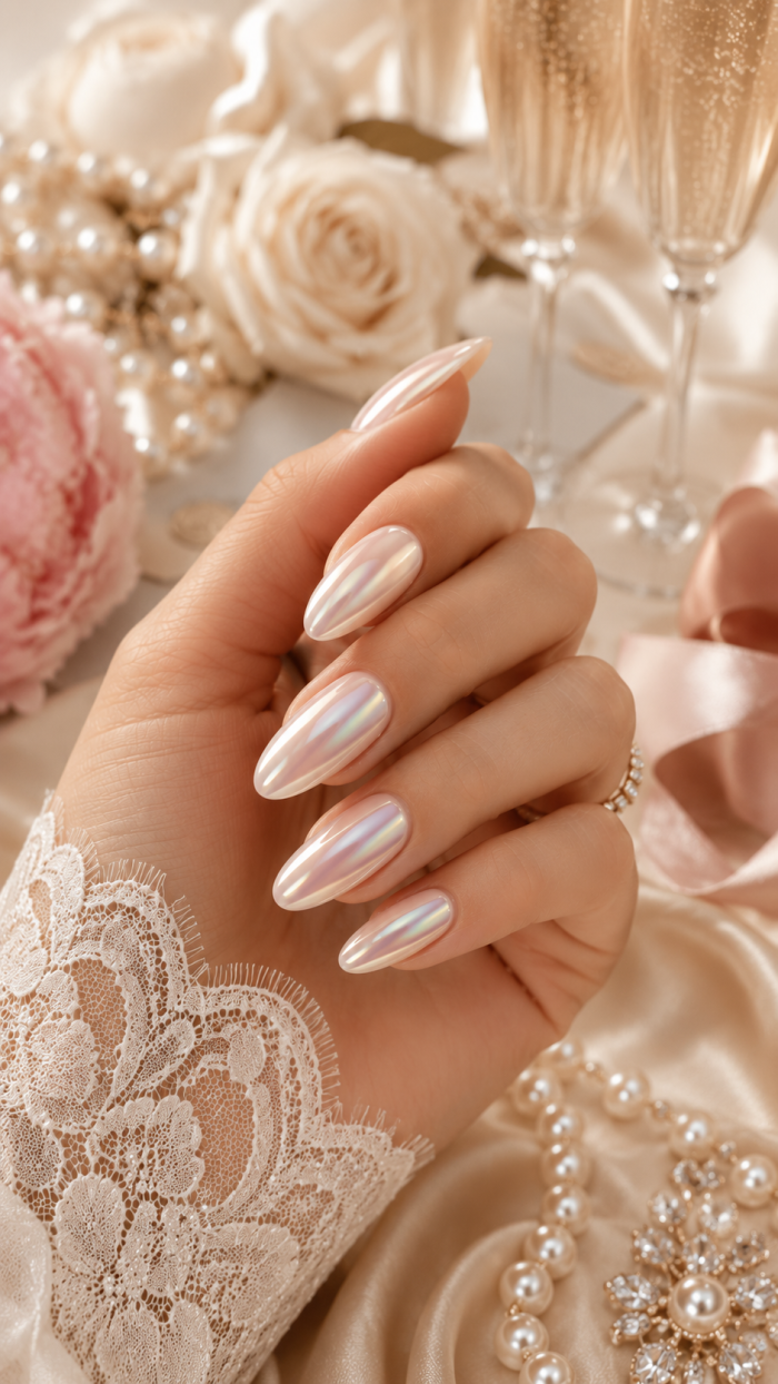 Platz 2 Zarte Pearl Chrome Wedding Guest Nails ✨